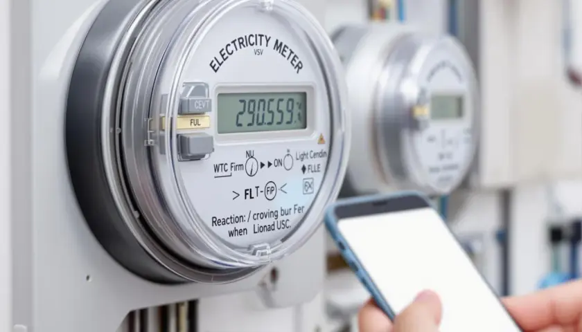 Cyfrowy licznik energii elektrycznej z odczytem 290.559. Obok smartfon, który może pomóc w tym, jak obliczyć zużycie prądu z licznika.