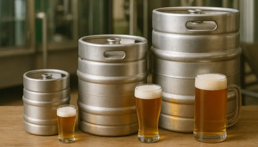 Trois fûts de bière de tailles différentes, avec trois verres de bière. Pour estimer combien de fût de bière pour 100 personnes, il faut considérer la consommation moyenne.