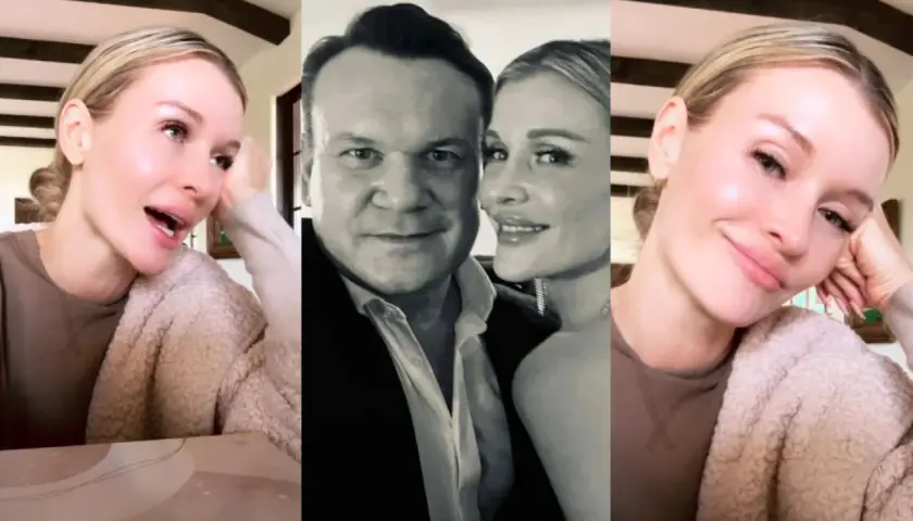 Dominik Tarczyński i jego pierwsza żona na zdjęciu. Kobieta uśmiecha się, opierając głowę na dłoni.