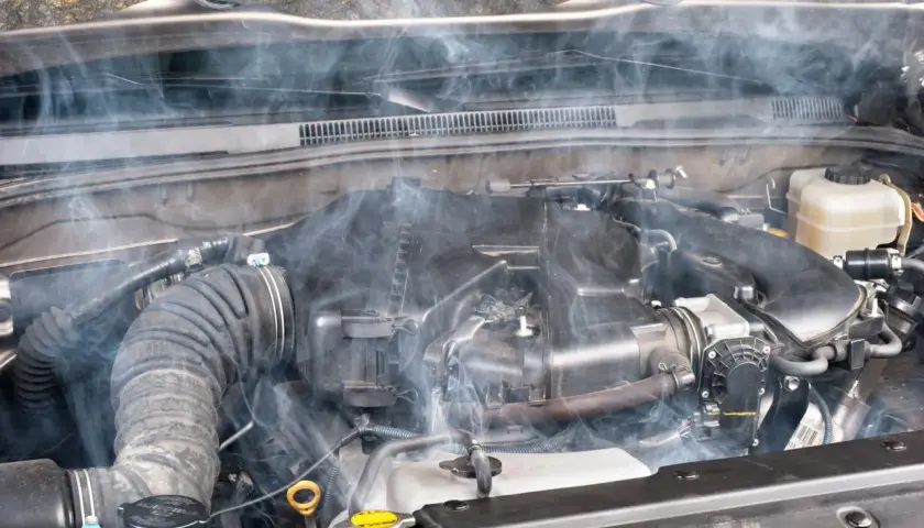 Humo blanco emana del motor de un coche, indicando posible agua en el motor.