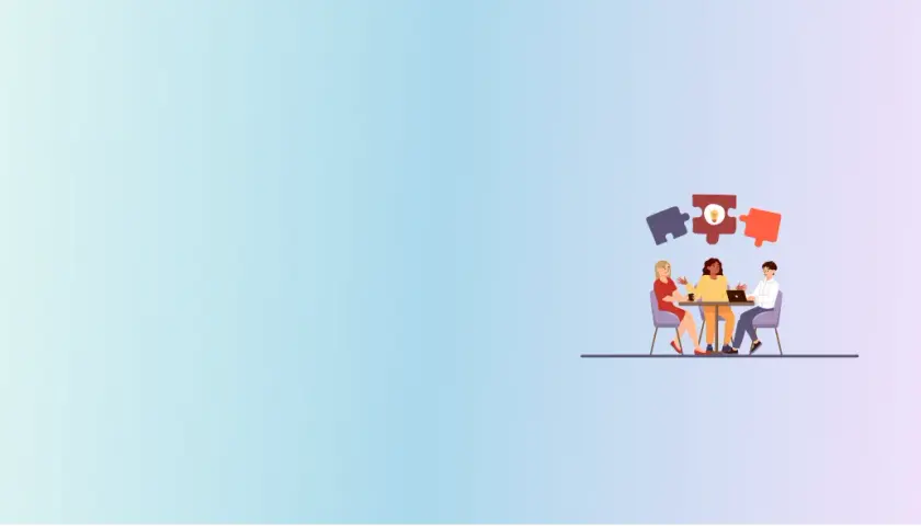 Three people collaborate around a table, with puzzle pieces symbolizing teamwork and a bright idea. This image represents the collaborative effort needed to achieve a government degree.