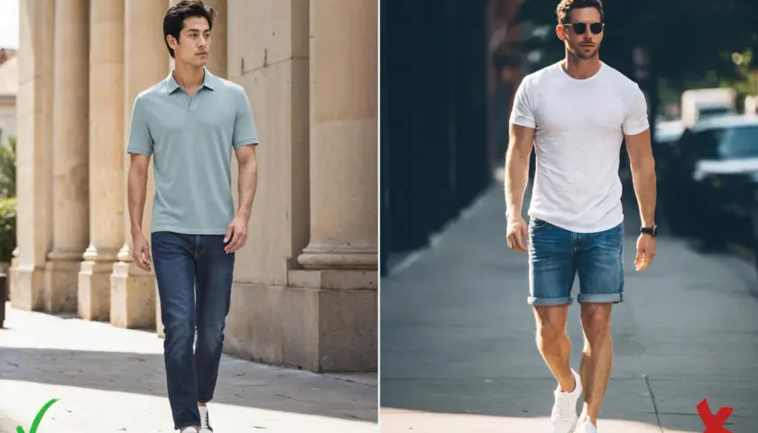 Hombre con polo y jeans, ejemplo de dress code smart. El otro hombre con camiseta y shorts no cumple.