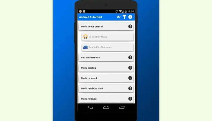 Android AutoStart-App zeigt Optionen für Medienereignisse und Apps wie Google Play Music. Verwalten Sie Ihre **Apps und Daten** für eine reibungslose Android-Nutzung.