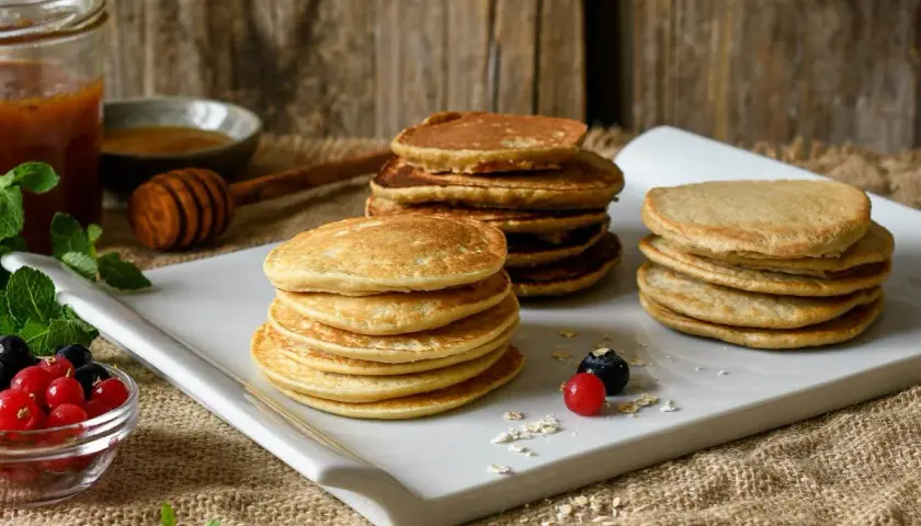 Montón de tortitas de avena doradas, servidas con bayas frescas, miel y menta.
