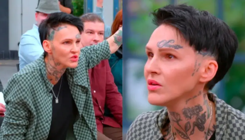 Dominika Chylińska, córka Chylińskiej, z tatuażami na twarzy i szyi, w kratkowanej kurtce, gestykuluje.