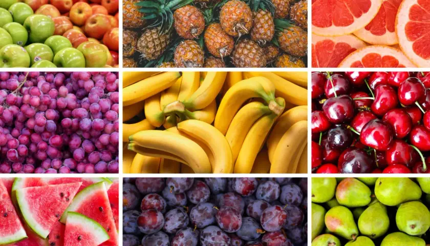 En färgsprakande collage av frukter: äpplen, ananas, grapefrukt, vindruvor, bananer, körsbär, vattenmelon, plommon och päron. En fest för ögat och en hyllning till den nyttigaste frukten.