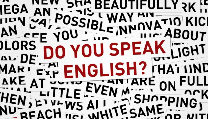 Frammenti di parole in inglese con la "l", come "possible", "beautifully", "little", "light", "full", "shopping", "well", "beach", "wish", "white", "same", "thick", "look". Al centro, in rosso: "DO YOU SPEAK ENGLISH?".