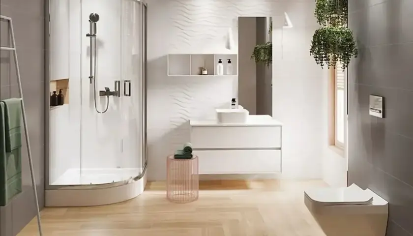 Nowoczesna łazienka 5m2: prysznic, umywalka, WC. Szacowany koszt remontu łazienki 5m2 robocizna.