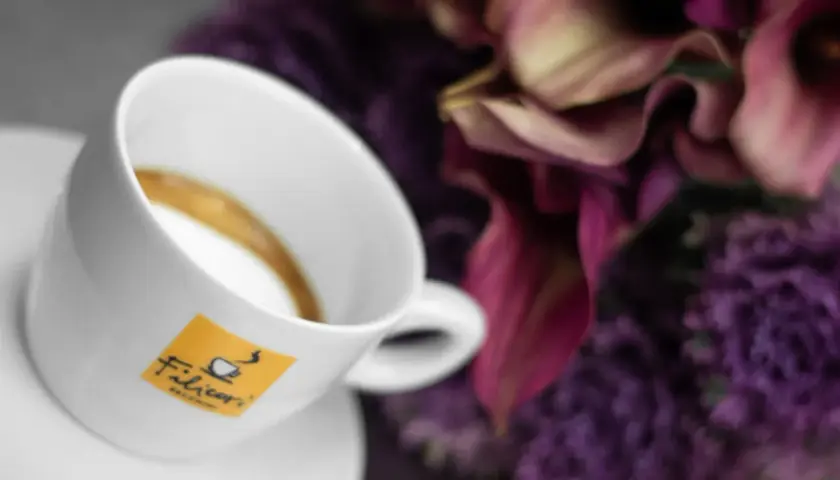 Tazza di caffè con logo Filicori. Un macchiatone o un macchiato? La bellezza dei fiori viola fa da sfondo.