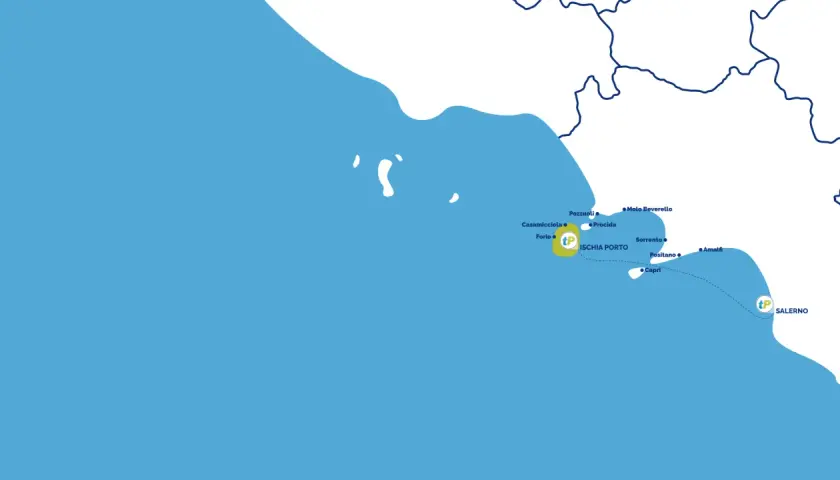 Mappa delle rotte dei traghetti da Salerno a Ischia e altre destinazioni campane come Capri, Sorrento e Amalfi.