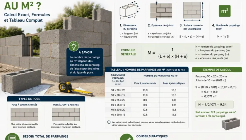 Calcul du nombre de parpaings au m², avec formule et tableau. La hauteur maxi mur parpaing de 10 est une donnée clé.