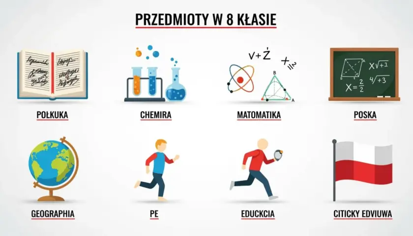 Ilustracja przedstawia przedmioty w 8 klasie: książkę (polski), probówki (chemia), wzory matematyczne, tablicę (matematyka), globus (geografia), biegaczy (WF), flagę (WOS).
