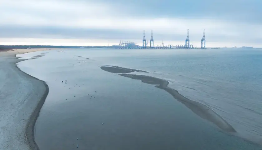 Plaża i morze z widocznym odpływem. W oddali port z dźwigami.