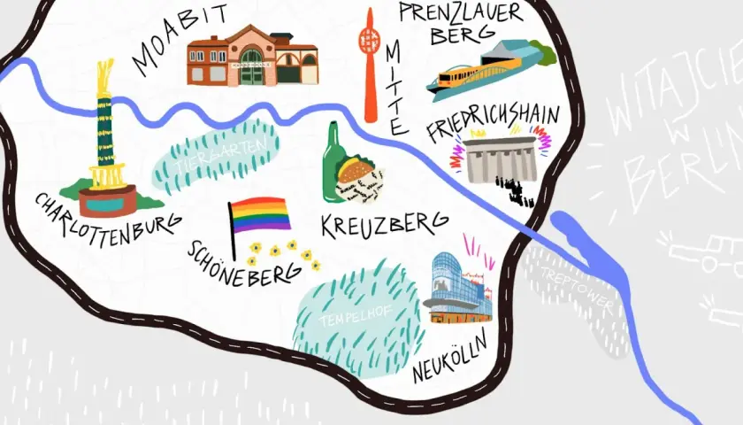 Ilustrowana mapa Berlina z dzielnicami jak Kreuzberg, Prenzlauer Berg. Czy Berlin jest bezpieczny? Wiele atrakcji, tęczowa flaga.