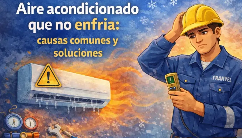 Técnico preocupado con manómetro y aire acondicionado que no enfría. Aprende como saber si le falta gas al aire acondicionado y sus soluciones.