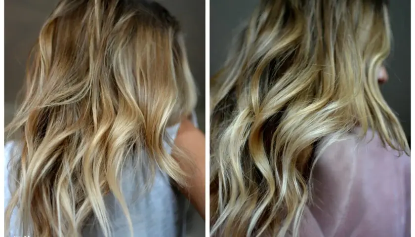 Före och efterbilder på en person med blont, vågigt hår. Maria Nila hårfärg ger en fin glans och lyster.