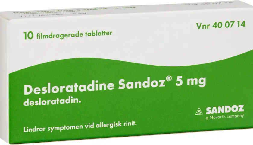 Desloratadine Sandoz 5 mg, 10 tabletter. Lindrar symtom vid allergisk rinit. Rådfråga läkare vid desloratadin gravid.