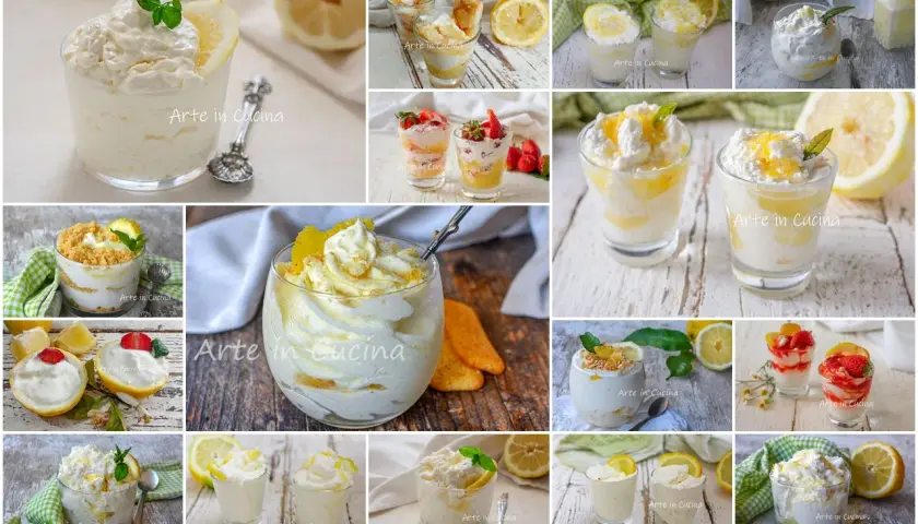 Collage di dessert al limone: coppette e bicchieri con soffice mousse al limone, guarniti con limone fresco, fragole e biscotti.