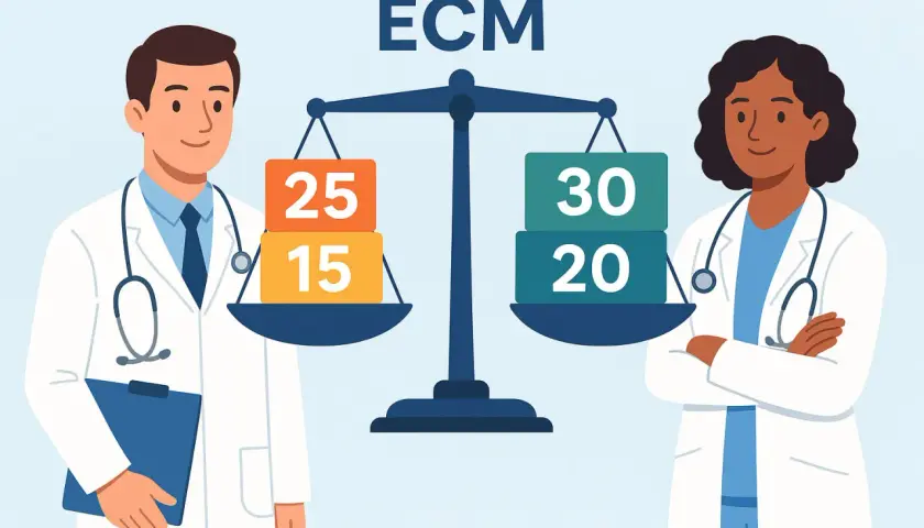 Bilancia ECM: come recuperare crediti triennio precedente. Due medici osservano i piatti con pesi diversi.