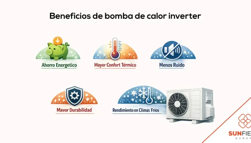 Beneficios de bomba de calor inverter: ahorro, confort térmico, menos ruido, durabilidad y rendimiento en climas fríos. El compresor de la bomba de calor es clave.