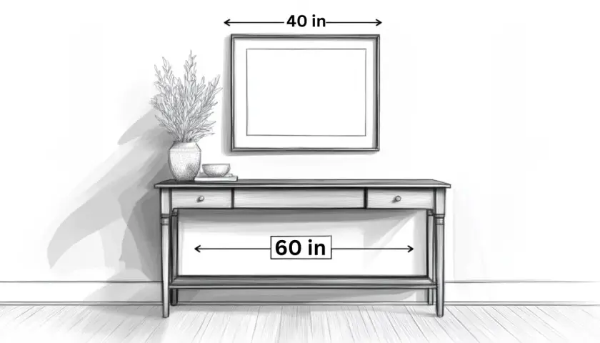Illustration showing how high to hang art above a console table. The art is 40 inches wide, and the table is 60 inches wide.