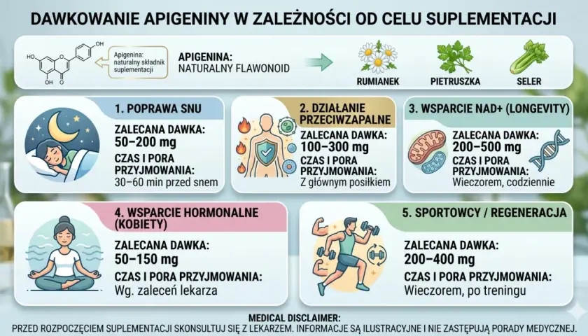 Apigenina: naturalny flawonoid. Dawkowanie dla poprawy snu, działania przeciwzapalnego, wsparcia NAD+, hormonalnego i regeneracji.