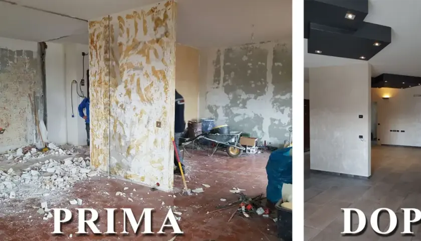 Ristrutturazione: prima, un cantiere con detriti e cartongesso da rimuovere; dopo, un ambiente moderno con nuovo pavimento e soffitto.