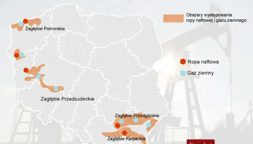 Mapa Polski z zaznaczonymi obszarami występowania ropy naftowej i gazu ziemnego. Widać zagłębia: Pomorskie, Przedsudeckie, Przedgórskie i Karpackie.