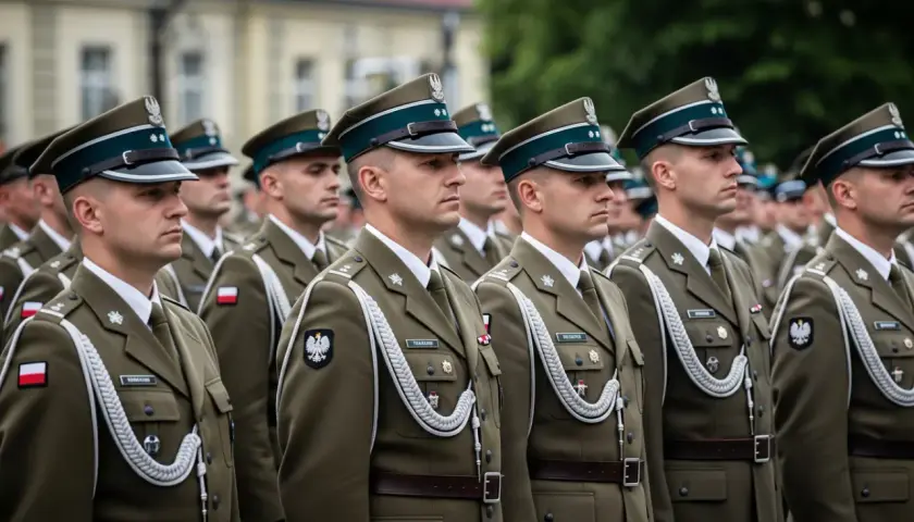 Żołnierze w mundurach, z orzełkami na czapkach. Ich stopień komandora w marynarce to odpowiednik.