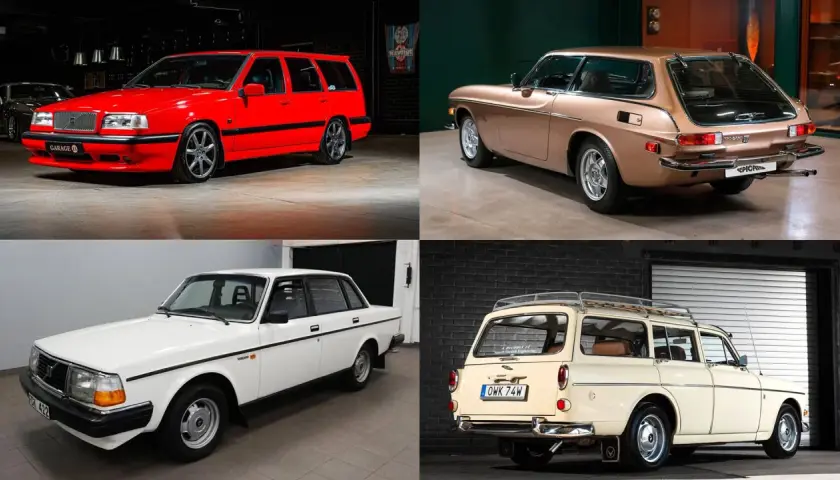 Fyra klassiska Volvo-modeller: en röd kombi, en brun coupé, en vit sedan och en beige kombi med takräcke. En samling av gammal Volvo i olika färger och utföranden.