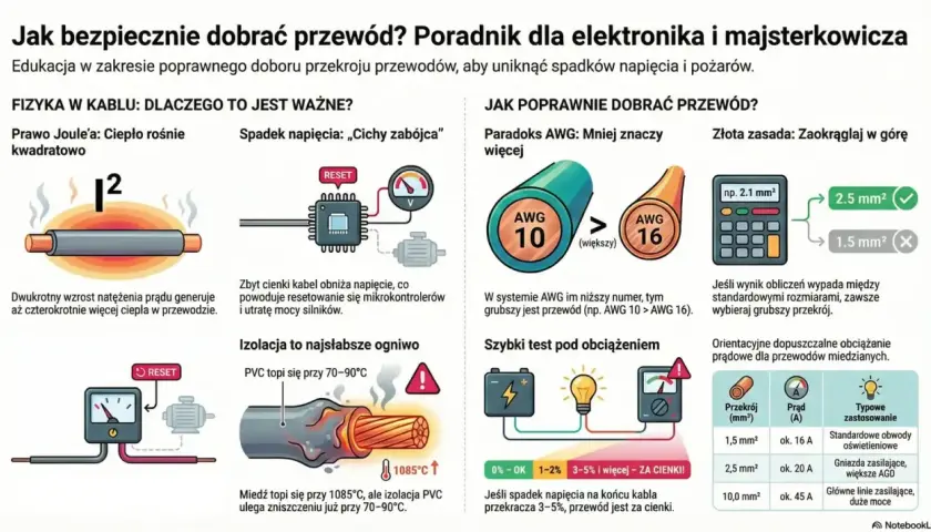 Dobór kabla do siły: ilustracja pokazuje, jak wybrać odpowiedni przekrój przewodu, aby uniknąć przegrzewania i spadków napięcia.