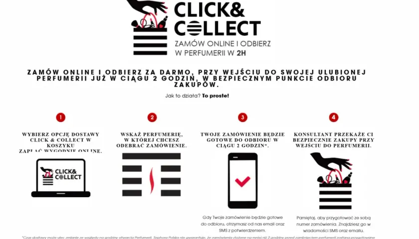 Zamów online i odbierz w perfumerii w 2h. Proces click and collect: wybierz, wskaż perfumerię, odbierz gotowe zamówienie.