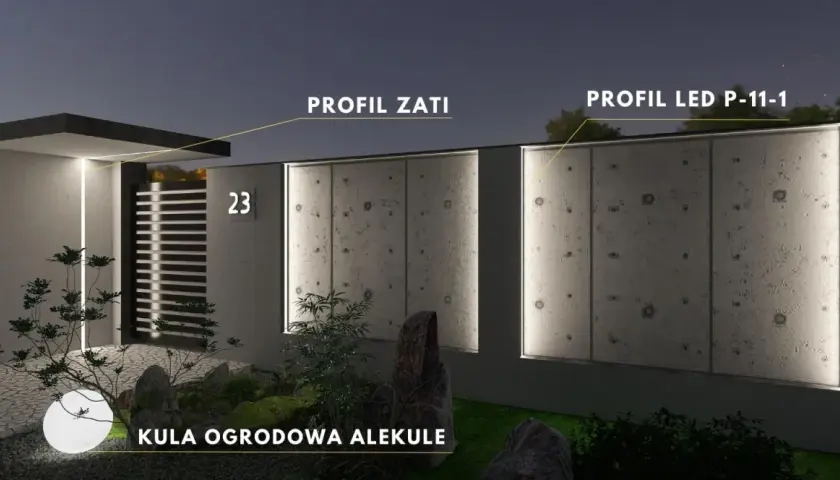 Nowoczesne oświetlenie ogrodzenia z profilami LED i kulą ogrodową tworzy nastrojową atmosferę.