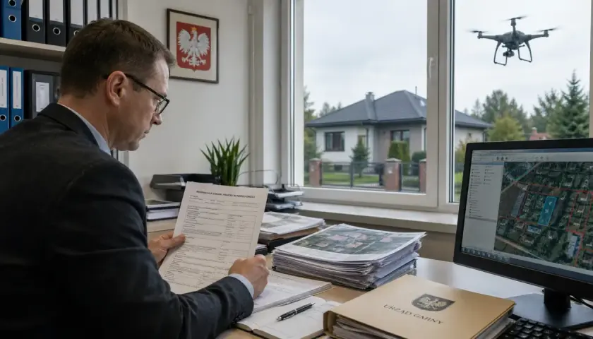 Urzędnik analizuje deklarację DN-1, podczas gdy dron monitoruje teren z powietrza. Na ekranie widoczna mapa działek.