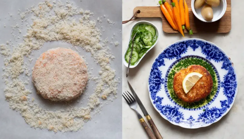 En panerad fiskfärs som liknar en skogsöronsvamp, redo att stekas, bredvid en färdigrätt med citron och dill.