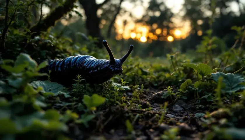 Une limace noire, aux antennes dressées, progresse dans l'herbe au coucher du soleil.