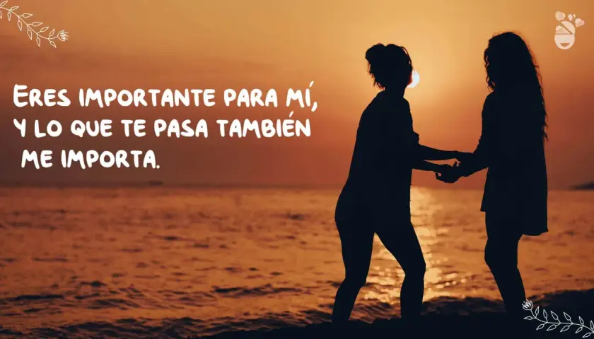 Siluetas de dos amigas tomadas de la mano al atardecer, con la frase "Eres importante para mí, y lo que te pasa también me importa", ideal para frases para amigas especiales.