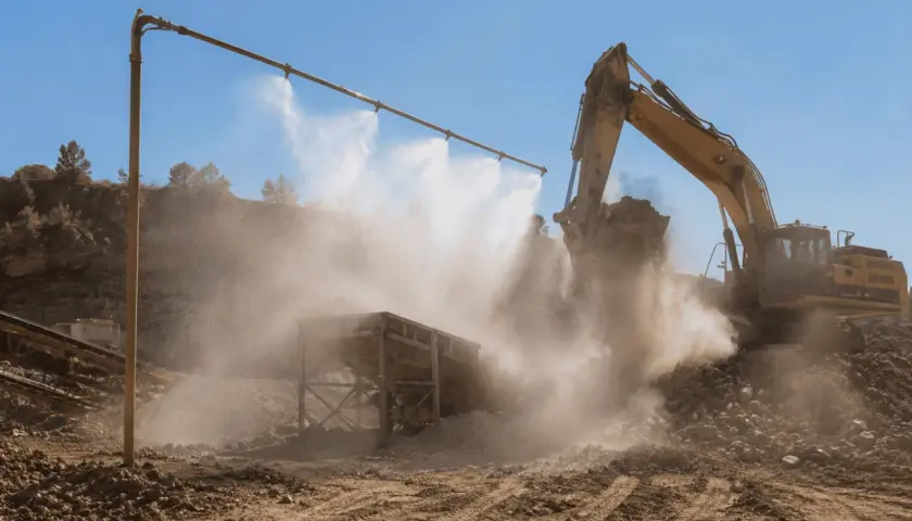 Excavadora amarilla trabajando en cantera, con sistema de desinfección por nebulización para controlar el polvo.