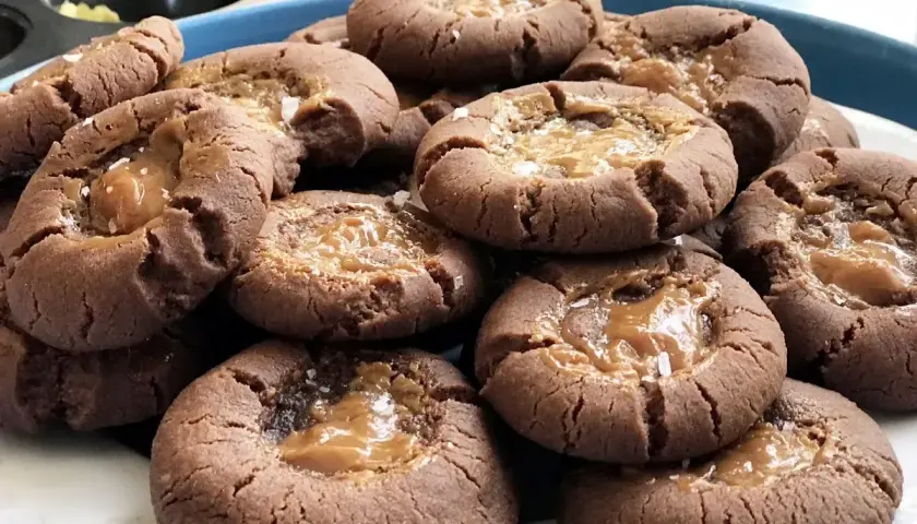 En hög med sega chokladkakor med en härlig kolakärna och strössel av flingsalt. Perfekta för fikat!