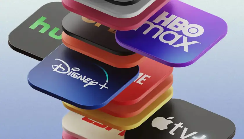Stos ikon popularnych platform streamingowych: Disney+, HBO Max, Hulu, Apple TV+ i inne.