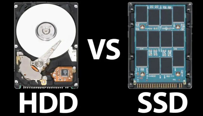 Vergleich von HDD und SSD, zwei Arten von netzwerkspeicher systemen. Die HDD zeigt eine rotierende Scheibe und einen Lese-/Schreibkopf, die SSD besteht aus vielen Speicherchips.
