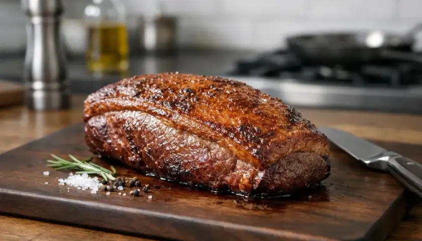 Picanha parfaitement rôtie, prête à être dégustée. Une recette portugaise qui promet saveur et tendreté.