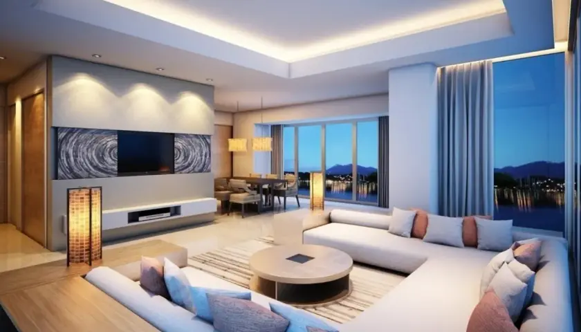 Elegante soggiorno con soffitto a cassettone in cartongesso, illuminazione indiretta e vista panoramica. La struttura cartongesso valorizza l'ambiente.