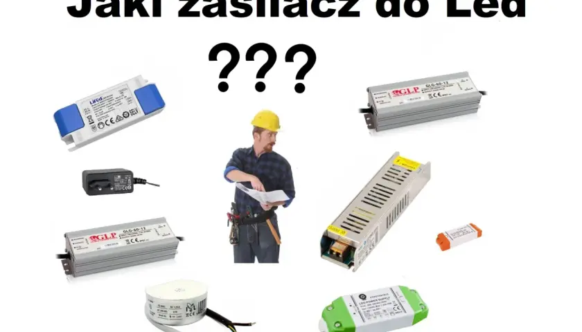 Jak dobrac zasilacz do ledów? Różne typy zasilaczy LED, od małych kostek po większe transformatory, obok budowlańca z planami.