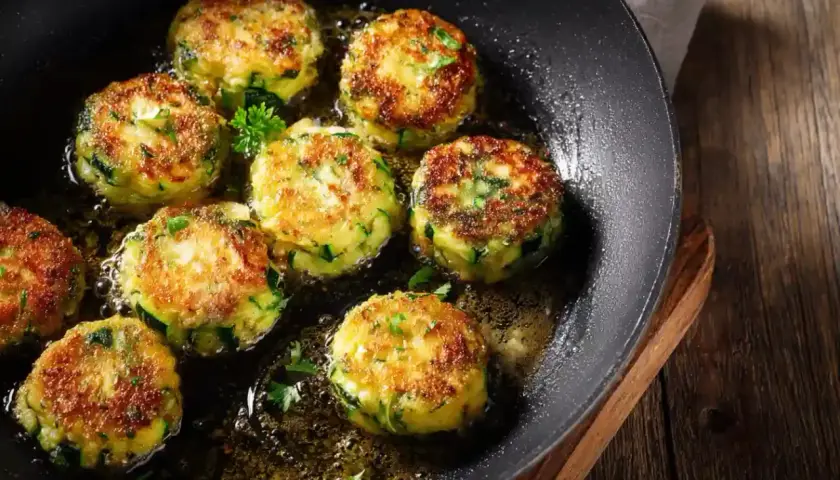 Zucchini puffer in einer Pfanne braten. Goldbraun und knusprig, mit frischer Petersilie garniert.