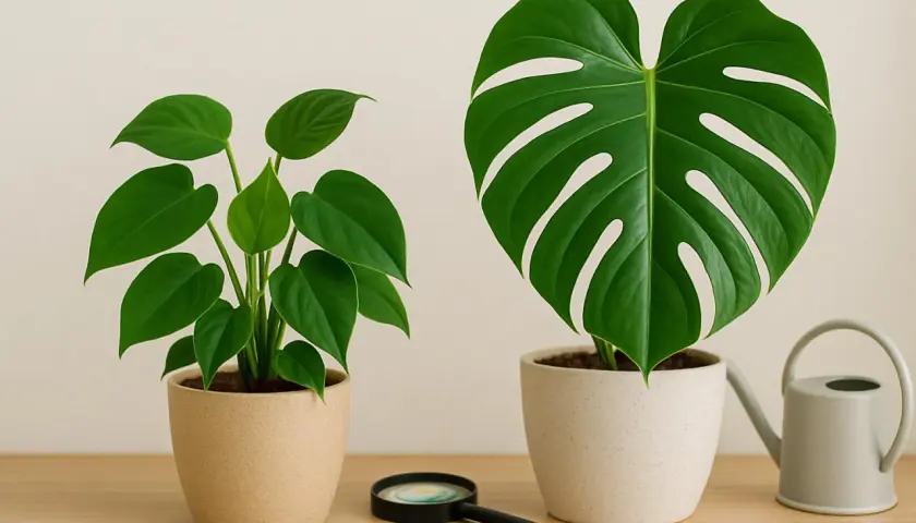 Zwei Zimmerpflanzen auf einem Regal: links ein Philodendron mit herzförmigen Blättern, rechts eine Monstera mit geschlitzten Blättern. Der Unterschied ist deutlich.