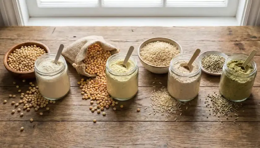 Tarros con polvos de proteína de guisante y otros ingredientes naturales. Descubre los proteína de guisante beneficios para tu salud.