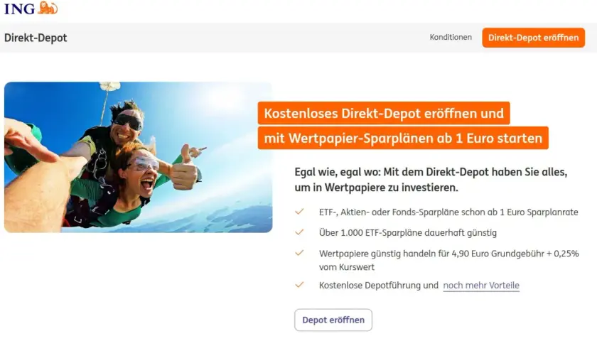 Zwei glückliche Menschen beim Fallschirmspringen, die für ein kostenloses Direkt-Depot werben.
