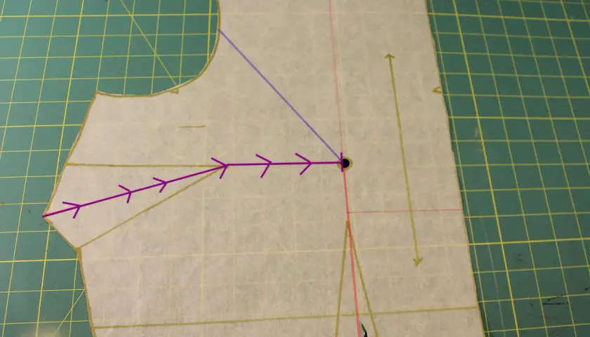 Sewing pattern piece showing how to shape bust darts. Purple arrows indicate the direction of the dart manipulation.