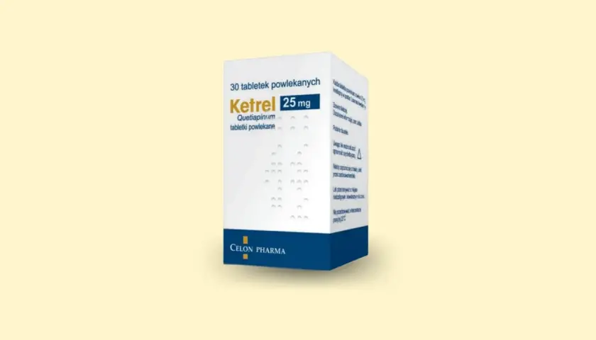 Opakowanie leku Ketrel 25 mg, zawierające 30 tabletek powlekanych. Stosowany w leczeniu schizofrenii i zaburzeń dwubiegunowych.